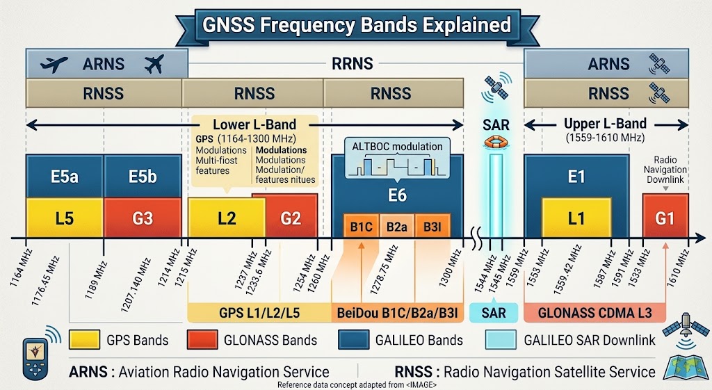 GNSS Frequency Bands Explained: GPS L1/L2/L5, Galileo E5a/E5b, BeiDou B1C/B2a/B3I & GLONASS CDMA L3