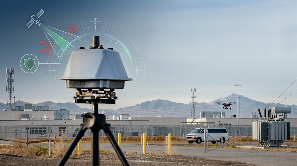 Industrial security facility with drones overhead