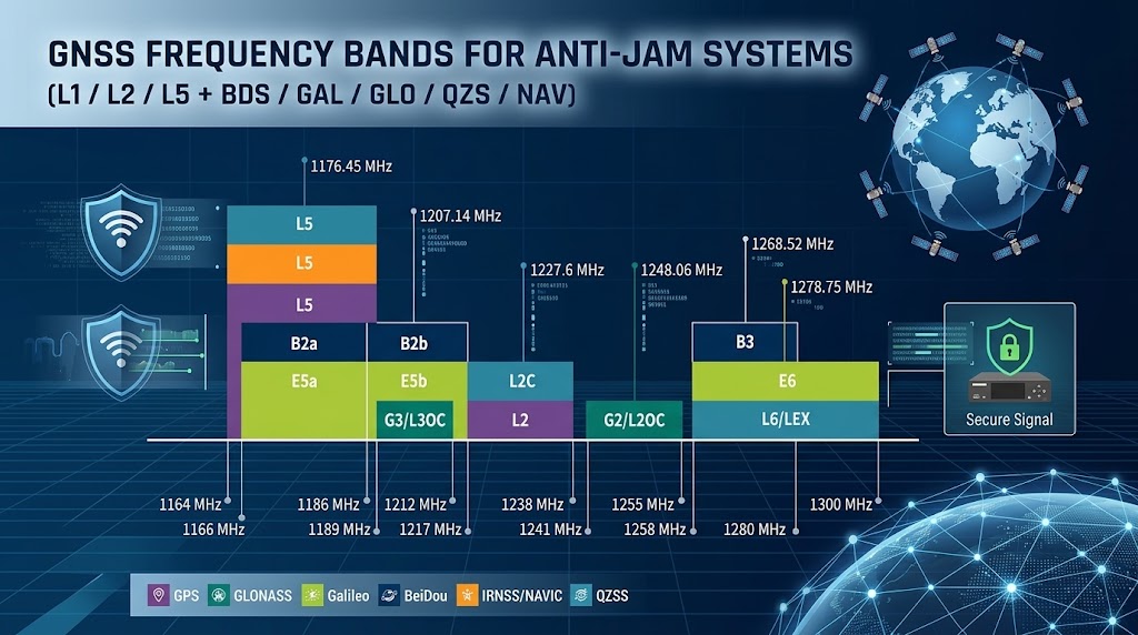 GPS & GNSS Frequency Bands for Anti-Jam Systems (L1/L2/L5 + BDS/GAL)