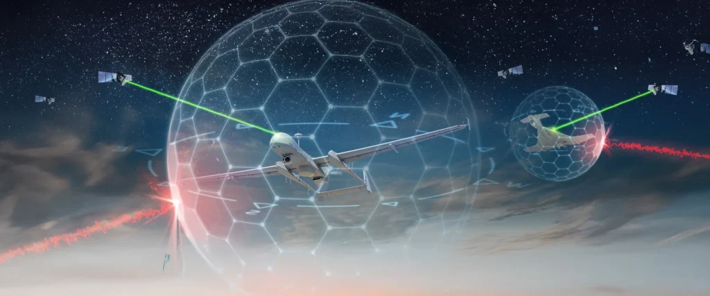 Military drone with GNSS anti-jamming protection: a conceptual depiction of satellite communication links and electronic warfare against interference signals in space.