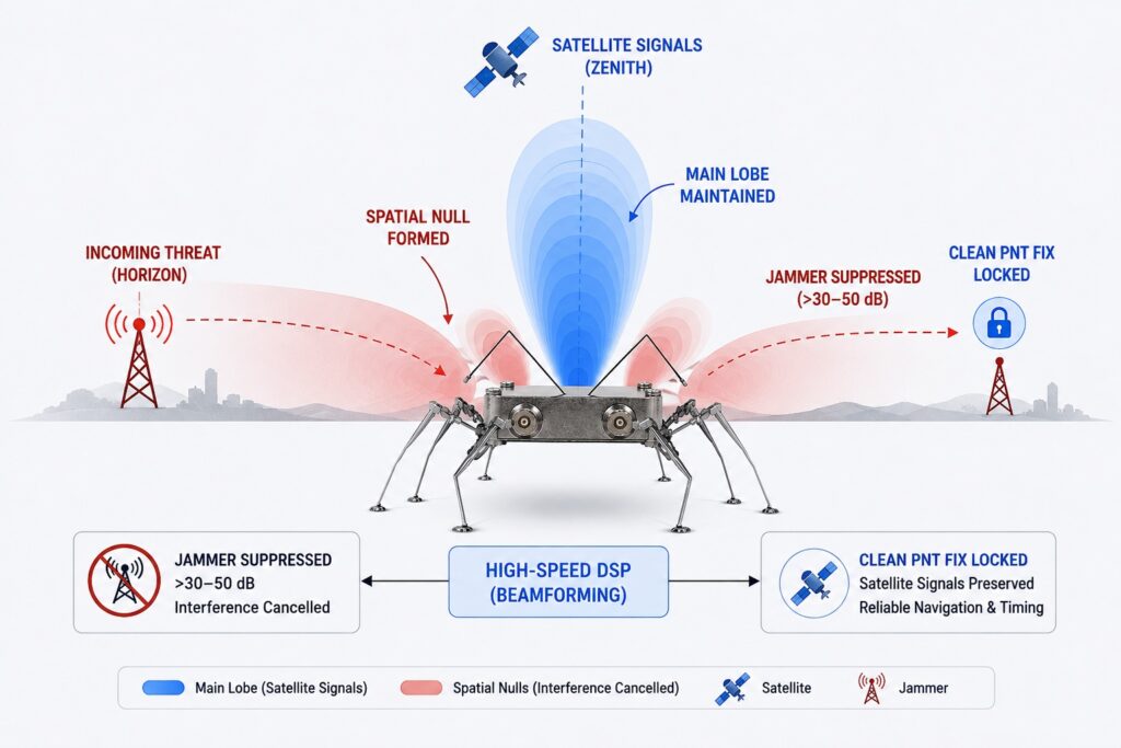 CRPA controlled reception pattern antenna using spatial nulls to suppress jamming while maintaining satellite signals for reliable PNT